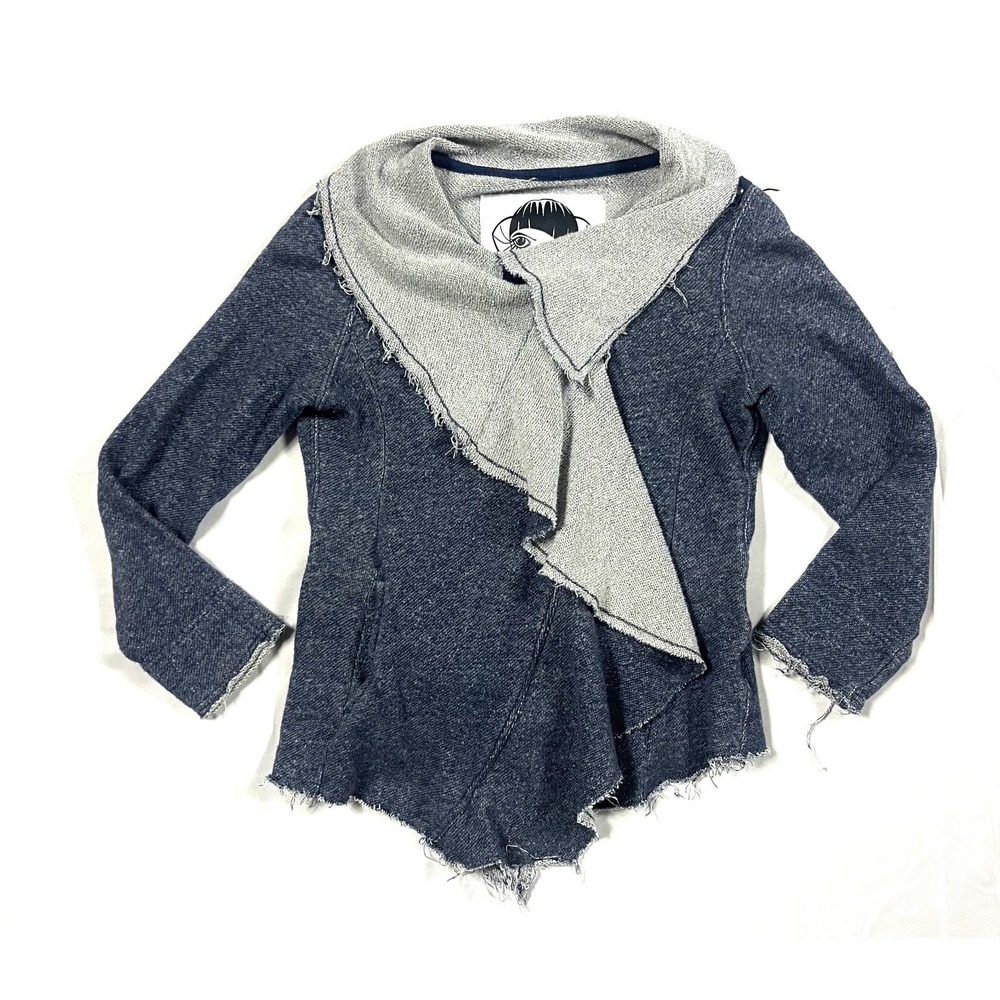 SUGARCANE Womens L Raw Edge Zip Jacket Denim Look Cowl Neck Cardigan 100% Cotton